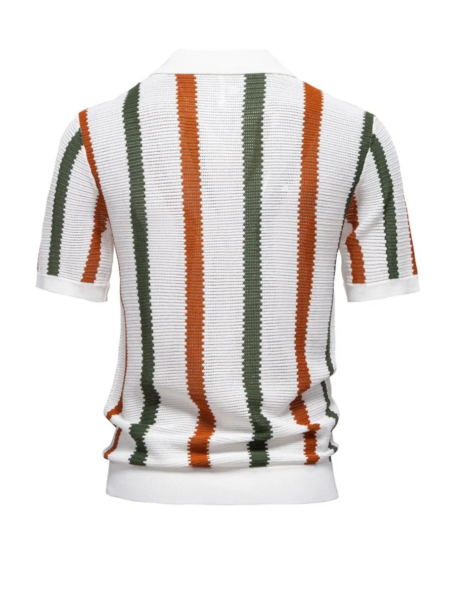 Short Sleeve Striped Crochet Polo