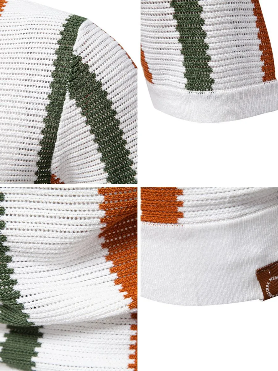 Short Sleeve Striped Crochet Polo