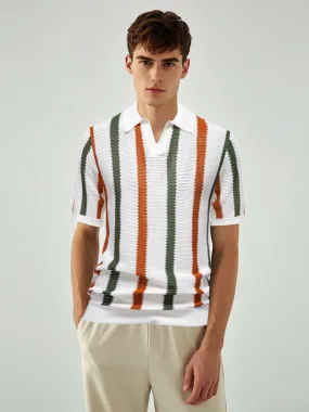 Short Sleeve Striped Crochet Polo