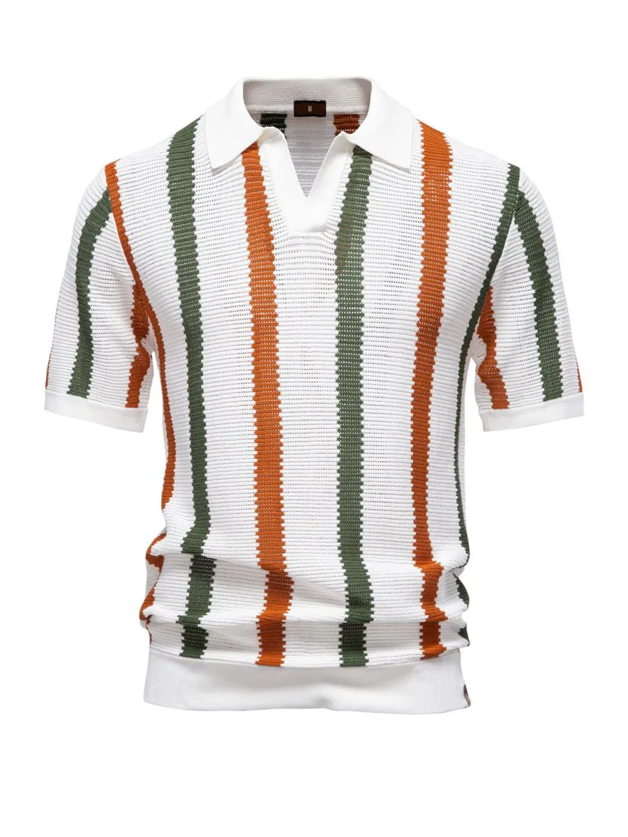 Short Sleeve Striped Crochet Polo