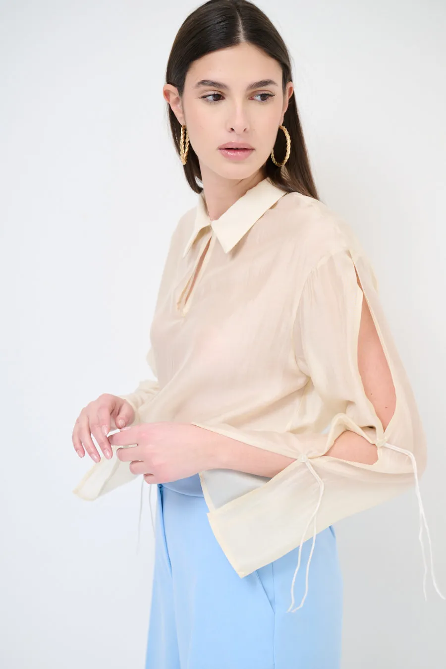 Tie-sleeve collared blouse wholesale