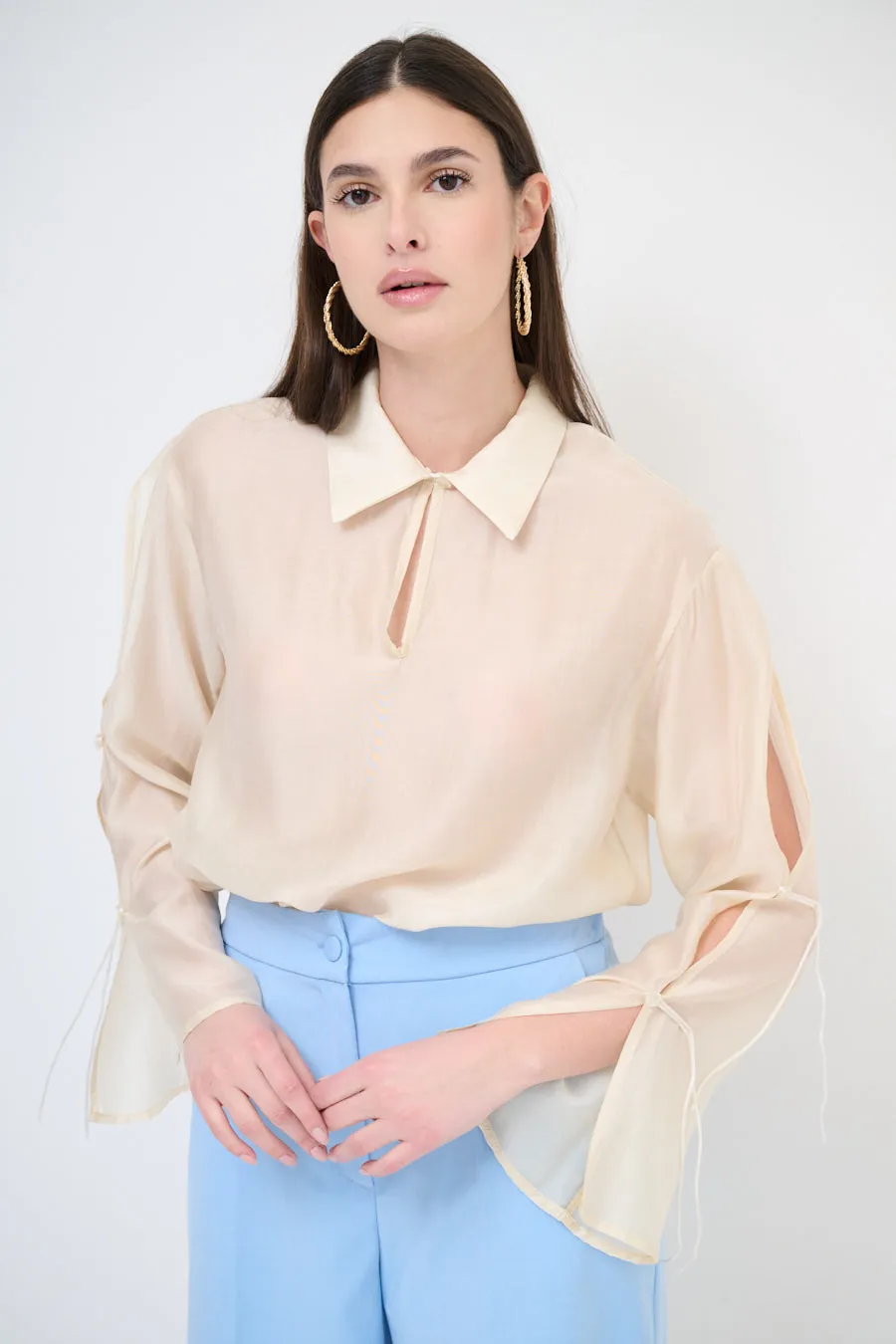 Tie-sleeve collared blouse wholesale