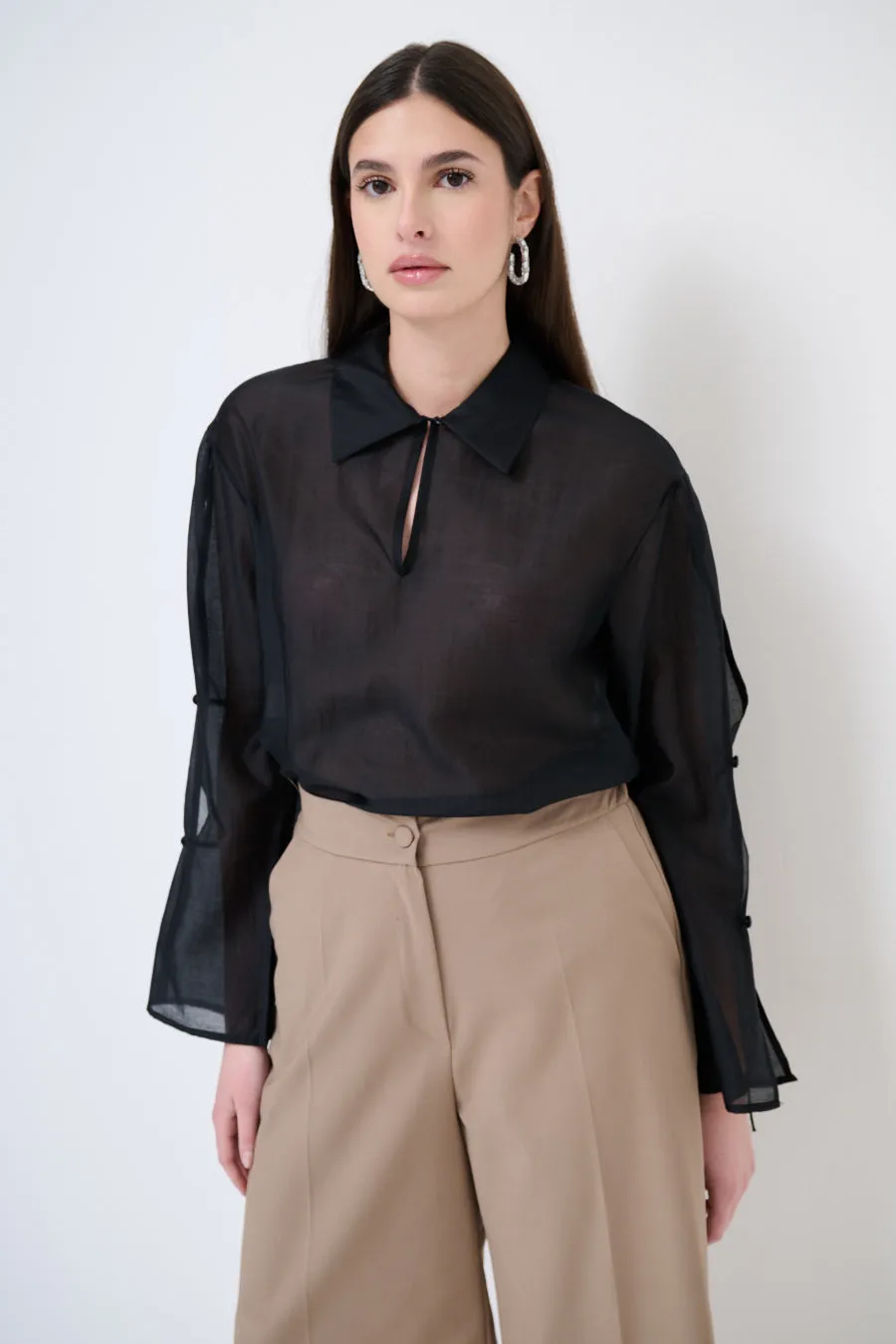 Tie-sleeve collared blouse wholesale