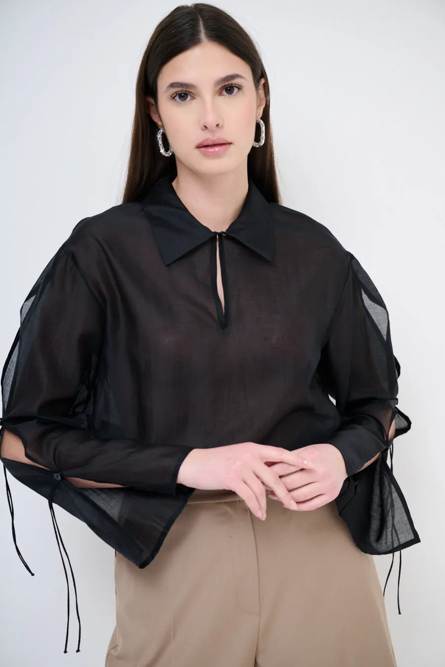 Tie-sleeve collared blouse wholesale