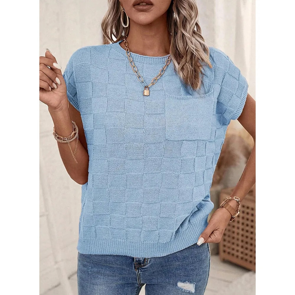 Women's Cap Sleeve Lightweight Crewneck Knit Tops-Sky Blue